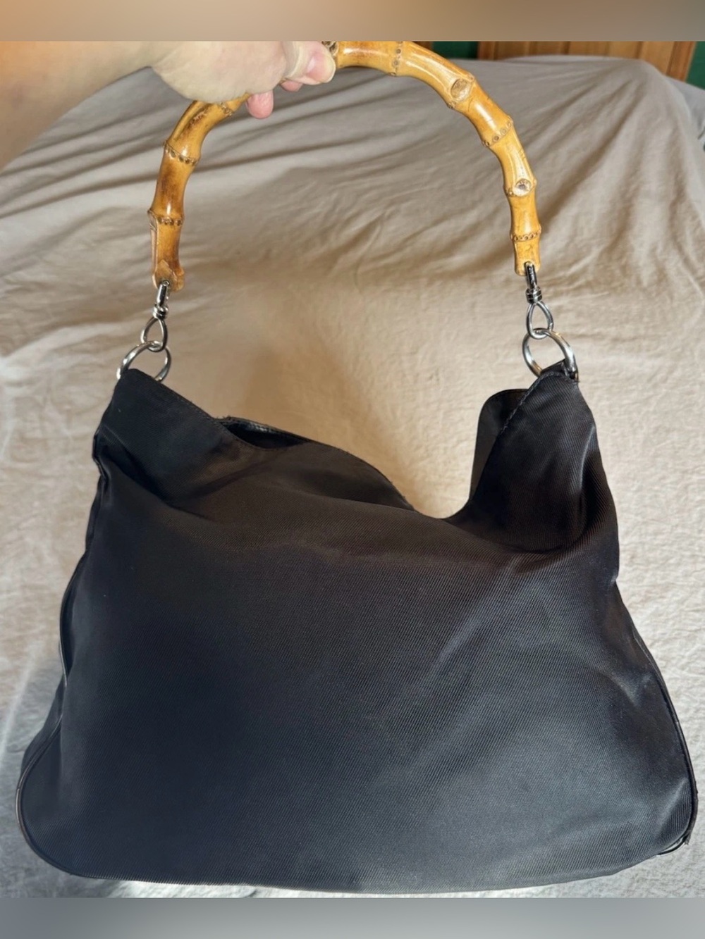 GUCCI Vintage Hobo Bamboo Handle Nylon/Leather Handbag W/COA
